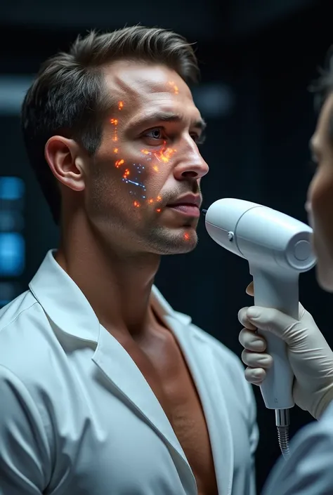 “A muscular man with defined facial features and slicked-back hair is standing while undergoing a 3D facial scan. The focus is on his face, where structured light patterns are projected across his features, highlighting every contour and detail. A handheld...