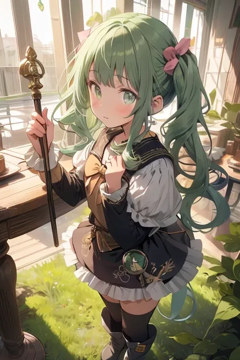 (masterpiece), (best quality), detailed,
1 girl, soro, twintails, long wavy hair twintails.hairs between eyes,dark green eyes ,dark green hair, (magical girl:1.2),
bow, dress, (pink:0.6), over legwear, boots, too many frills, too many bow, standing,striped...