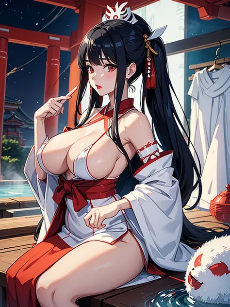 Japanese Mythology、Inari、goddess、 white shrine maiden costume arranged in a miniskirt、 long black hair 、 white skin、 red lips、 big breasts,Hot spring changing room、In the middle of taking off clothes