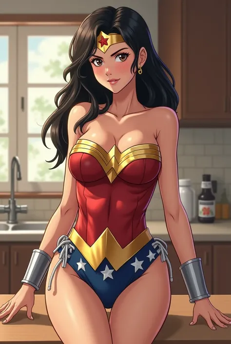  Wonder Woman housewife dressed in sexy casual clothes, a short and tight short ,  a top with a ,  in the kitchen, on the table, he spreads his legs and shows his vagina by pulling his shorts out of his crotch and lowering his neckline and showing his big ...