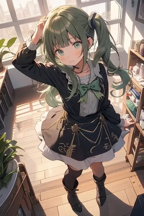 (masterpiece), (best quality), detailed,from below:1.2,
1 girl, soro, twintails, long wavy hair twintails.hairs between eyes,dark green eyes ,dark green hair, (magical girl:1.2),
bow, dress, (pink:0.6), over legwear, boots, too many frills, too many bow, s...