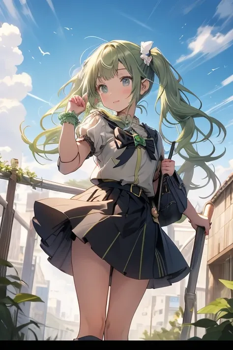 (masterpiece), (best quality), detailed,from below:1.2,
1 girl, soro, twintails, long wavy hair twintails.hairs between eyes,dark green eyes ,dark green hair, (magical girl:1.2),
bow, dress, (pink:0.6), over legwear, boots, too many frills, too many bow, s...