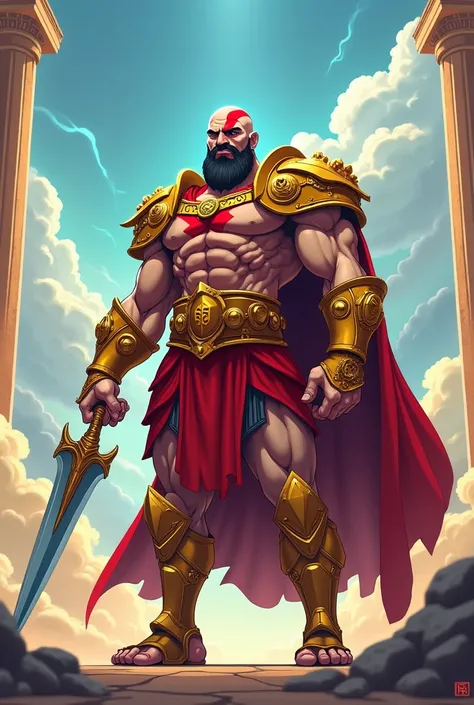 An animated cartoon of Kratos wearing the armor of God and the blade of Olympus 