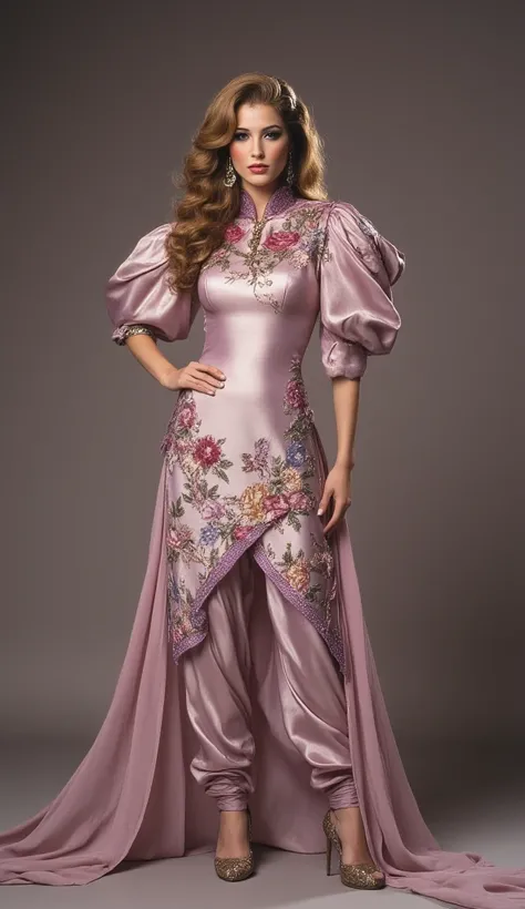 a tall and striking woman with golden-brown wavy hair, exuding confidence and charm. Her flirtatious expression enhances her captivating allure. She is dressed in a stunning Punjabi-style slim-fit outfit made of mauve shiny pure soft satin fabric, with mul...