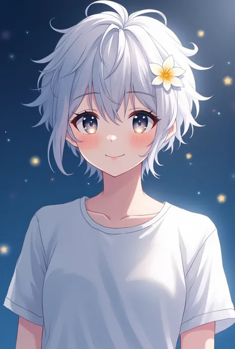 Anime style， a teenager with white hair and dark eyes ，He looks 21 years old ， The temperament is as calm and gentle as moonlight， is smiling and looking at the camera ，Wearing a white T，Headshot， with a ceremonial flower ，There is a little bit of starligh...