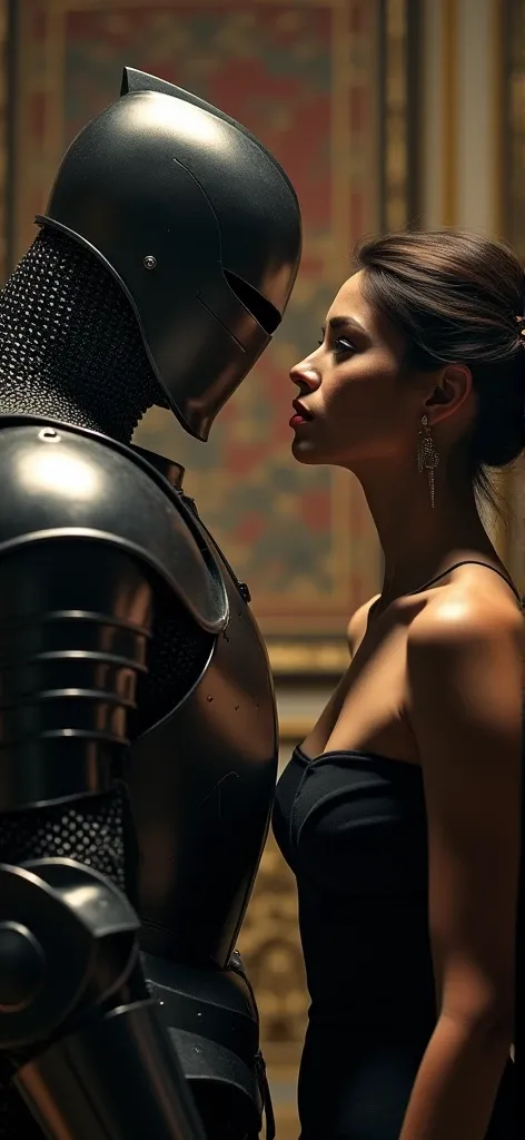 Make a knight with a mask be infront of a woman looking at eacother