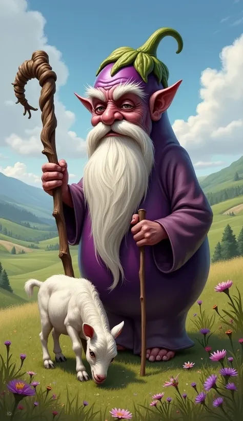 An old eggplant with a white beard grazing a goat with a stick in hand