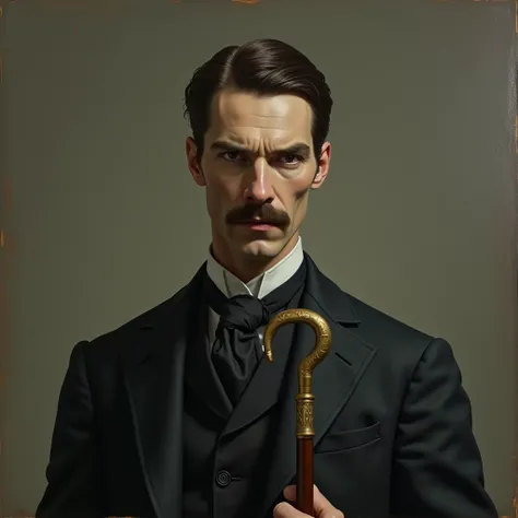 A haunting oil portrait of Dr. James Mortimer, a Victorian-era physician and scientist, depicted in the style of Arnold Böcklin, inspired by the features of Hollywood actor Benedict Cumberbatch. He is a tall, slender man with a serious yet thoughtful expre...