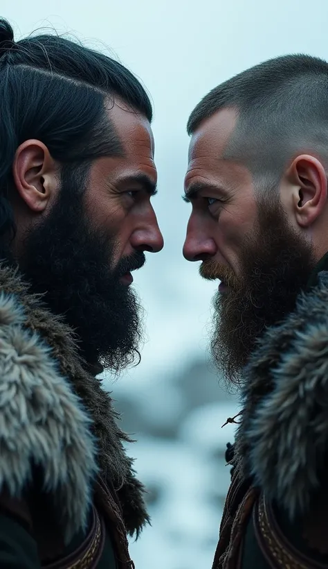 Black-haired and black-bearded Viking J looking face to face with his Viking brother 
