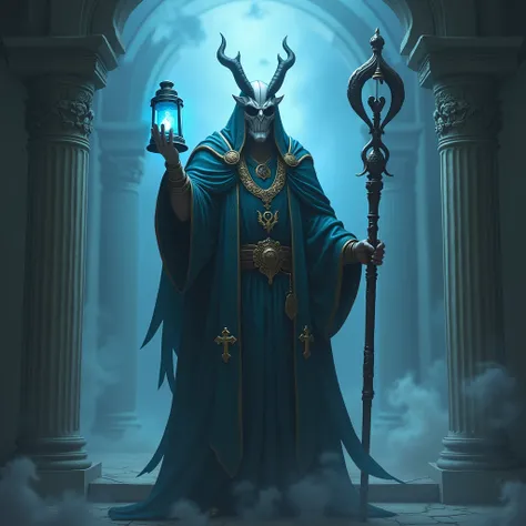  Human figure similar to Thresh from League of Legends . Kinder ,  being a priest who accompanies souls to cross to the beyond .  He carries a bluish lantern in his hand and a cane with religious motifs in the other hand.  Around the neck he wears a neckla...