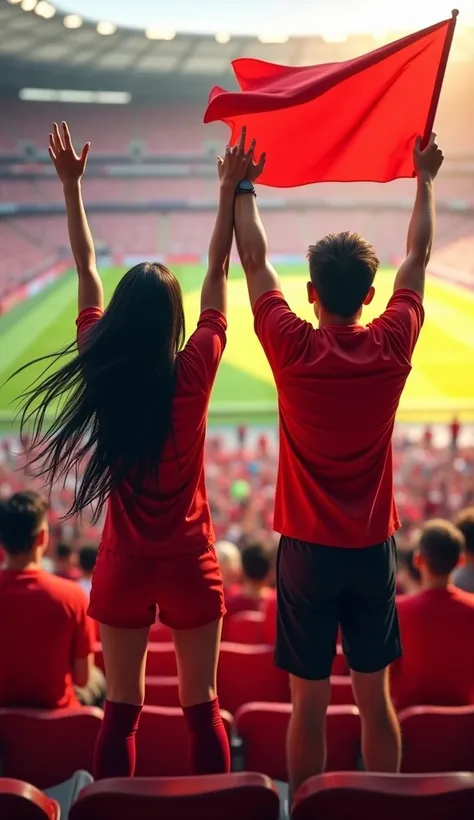 A young woman and a 35-year-old man in red sportswear, with black hair, are watching football on the stadium stands, holding hands and raising them to the sky, holding a red flag.