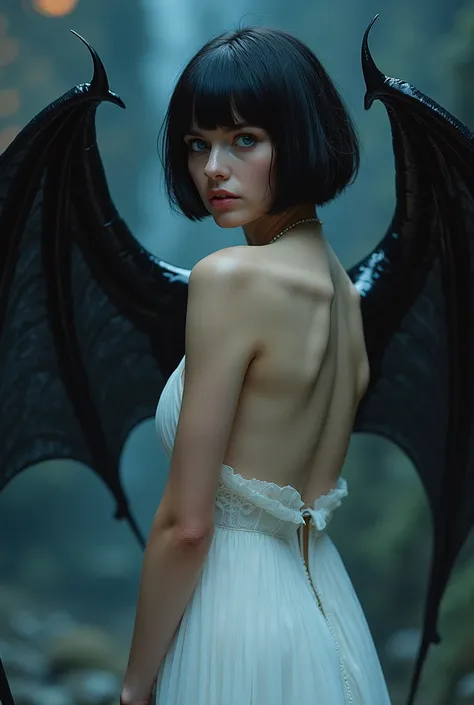 A high quality masterpiece of demonic wings sprouting from the trapezius muscles of a tall, dark haired succubus wearing a backless white evening gown with a halter-neck style; the demonic wings are connected to the trapezius muscles of the slender succubu...