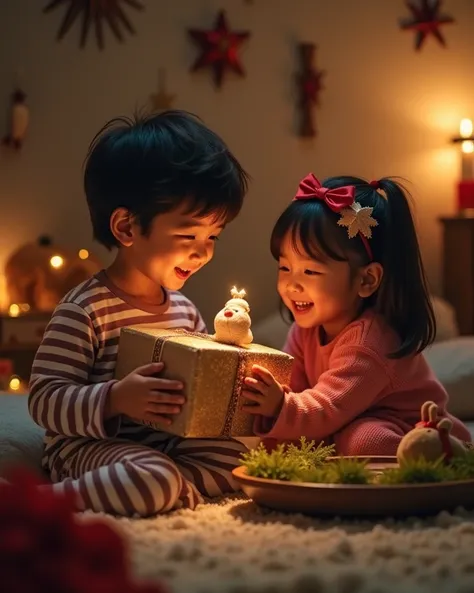  Realistic film frame of a  and a Latin girl discovering gifts in a room decorated for Reyes Magicians.
the , with dark hair and with striped pajamas ,  he holds a box wrapped with shiny paper ,  while his face reflects surprise and joy . the girl,  of str...