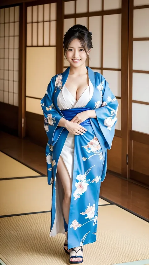 A full-body portrait of a Japanese woman in her 20s, fully visible from head to toe, standing straight and looking forward. She wears a traditional kimono and sandals, her hair styled in a classic updo, with a serene smile,Big breasts, cleavage, chubby bod...