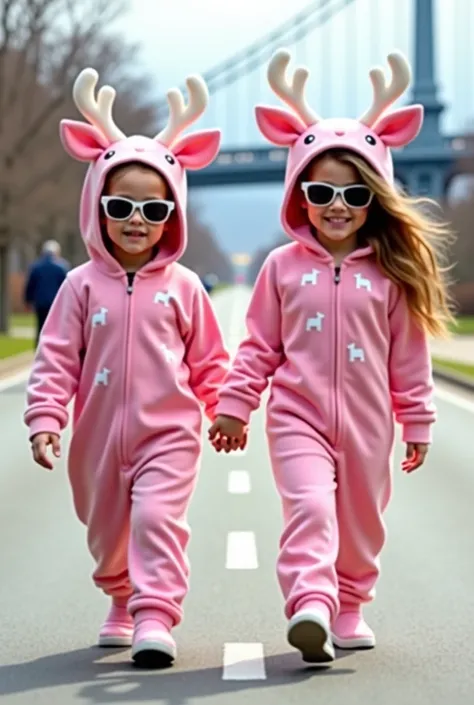 The image shows two young ren, a boy and a girl, curvy body, walking hand in hand on a street. They are both wearing matching pink onesies with white deer antlers on their heads and sunglasses. The onesies have a pattern of small white deer on them. The ba...