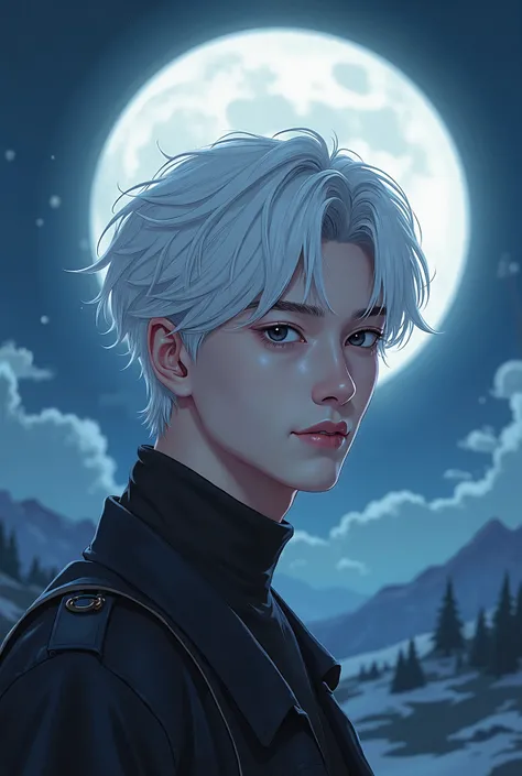  white haired boy with black eyes ，He looks 21 years old ， has a calm and gentle temperament like moonlight， is smiling and looking at the camera ，Headshot， background is night mountain，Non-photo 