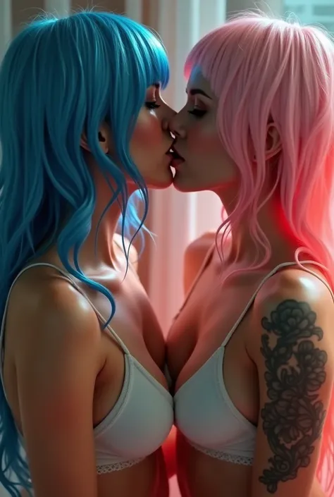  3 girls star in the music video, kissing

1 .  the nipples are covered with a thin cloth,  wet body , nipples visible,   blue hair,   open chest  ,   chest very big  ,   open mouth ,   very small panties .  tattoo , 

2.   The nipples are covered with a t...