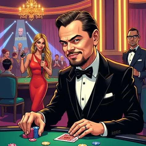  A comic caricature-style illustration of Leonardo DiCaprio entering the Casino Royale in Las Vegas .  He wears an exaggeratedly elegant black suit ,  with gold details ,  while holding a deck of cards in one hand .  Her facial expression is serious , but ...