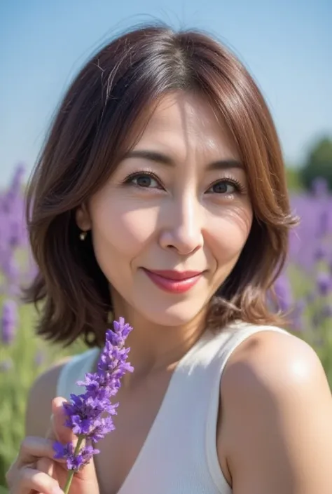 A hyper-realistic image of a stunningly beautiful 48-year-old Japanese woman enjoying a lavender field. She has wavy hair with detailed strands softly illuminated by sunlight. Her face is calm and joyful, showing slight smile lines near her eyes and mouth,...