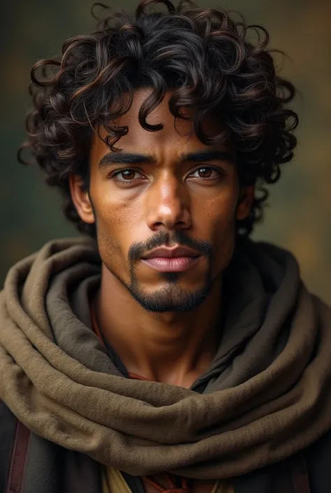 A brunette man, 28 years old, curly hair wearing medieval clothing,  dark skin.