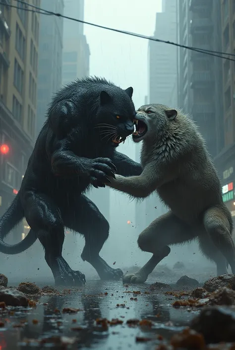 Giant panther fighting with giant wolf in the middle of rainy city 