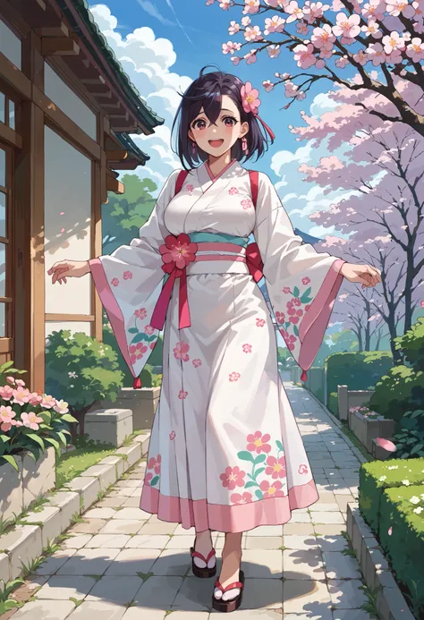 rape, Momose Momo standing in a traditional pink komono with a floral print in a cherry blossom garden, traditional hairstyle, large breasts, happy smile on her face, Mount Fuji in the background, loud onomatopoeic speech, full-length front view