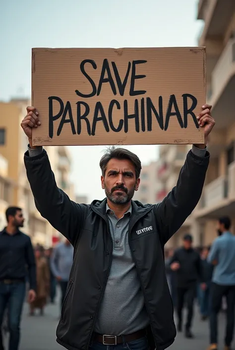 A man holds a board in his hand with the words "save parachinar" written on it.