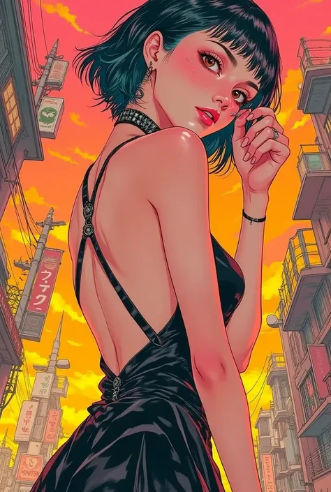 masterpiece、 beautiful hands, boyish woman （ short hair）、backless dress、Look down,Its an embarrassing expression 、(( has red cheeks))、 shot from an angle,wide shot,Hand-drawn illustration, Intense colors,  stylish anime 