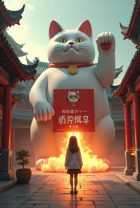  ultra-realistic,  ultra-realistic的, Drama scene ,  milk, Global Illumination,  unique ,  The girl in the courtyard of a Chinese temple ,  that had a huge statue of an obese cat instead of a giant Buddha , , she was watching the statue ,  looked like a cat...