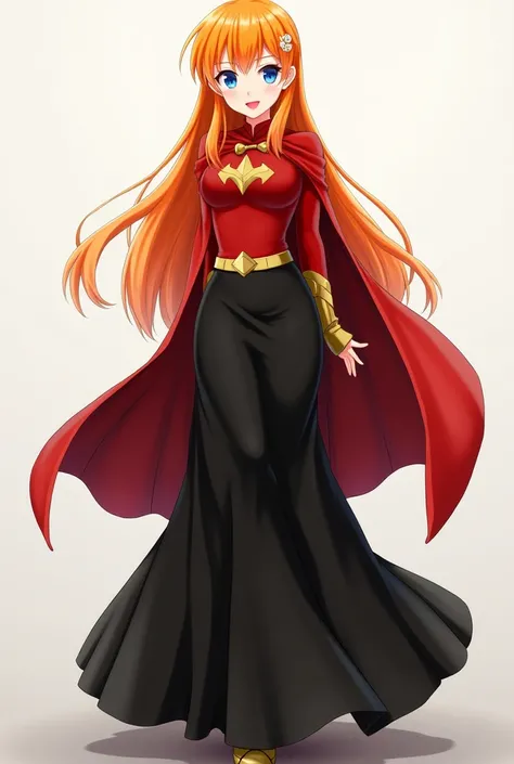 Anime style 
Woman
Orange hair
Long hair
Fringe hair
Blue eyes
Red lips
Red top
Gold Waist
Black long skirt 
Long skirt 
Mermaid long skirt 
Covered legs with skirt
Covered feets with skirt
Red cape
Superhero outfit
Superhero form