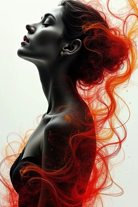  red black and white triple multiimage
woman ,consisting of colored fractal patterns 
surrealism  ,abstraction, the intertwining of black and gold gives a three-dimensional wave image of a female model