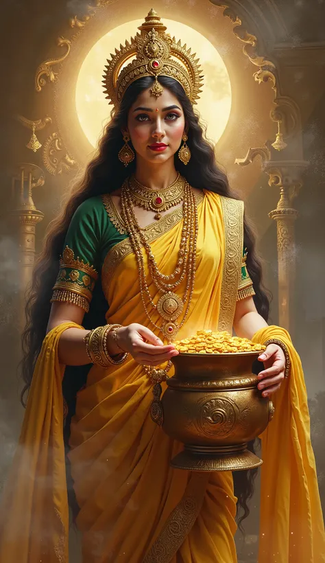 Hindu goddess lakshmi ji,one hand holding a pot full of gold coins