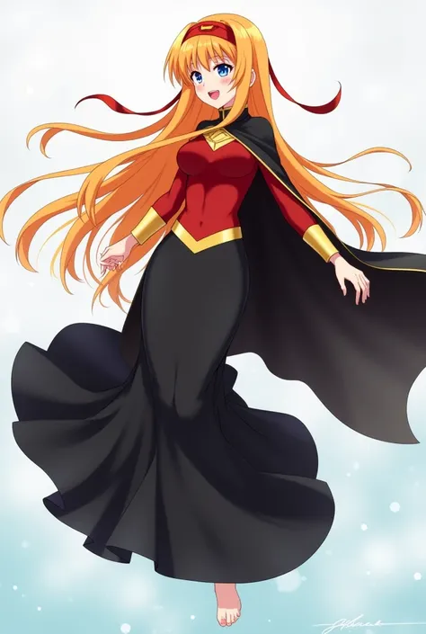 Anime style 
Woman
Orange hair
Long hair
Fringe hair
Blue eyes
Red lips
Red hairband
Red top
Gold Waist
Black long skirt 
Long skirt 
Mermaid long skirt 
Covered legs with skirt
Covered feets with skirt
Black cape
Love symbol on top
Superhero outfit
Superh...