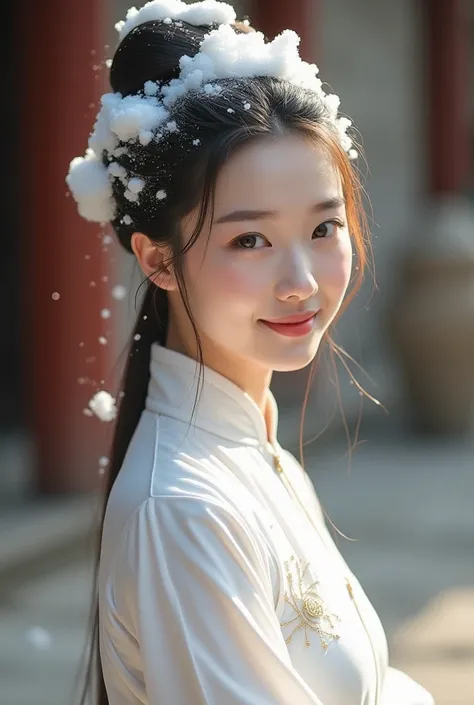 Create an Asian beauty，Standing on the ground，Beautiful big eyes，Regular facial features，Normal limbs，White traditional cheongsam，Hair in a bun，Washing hair with hands on head，There is a lot of real foam on the scalp，The hair is covered with white real foa...