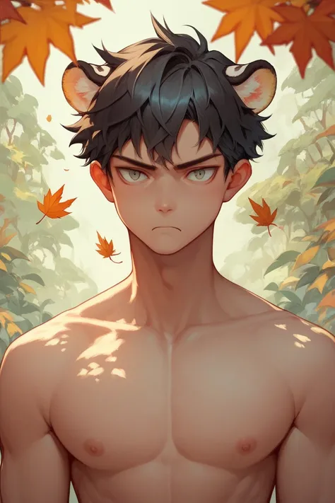 Boy with tiger ears and tail, nude, surrounded by leaves, shoulder length orange and black hair, frowning