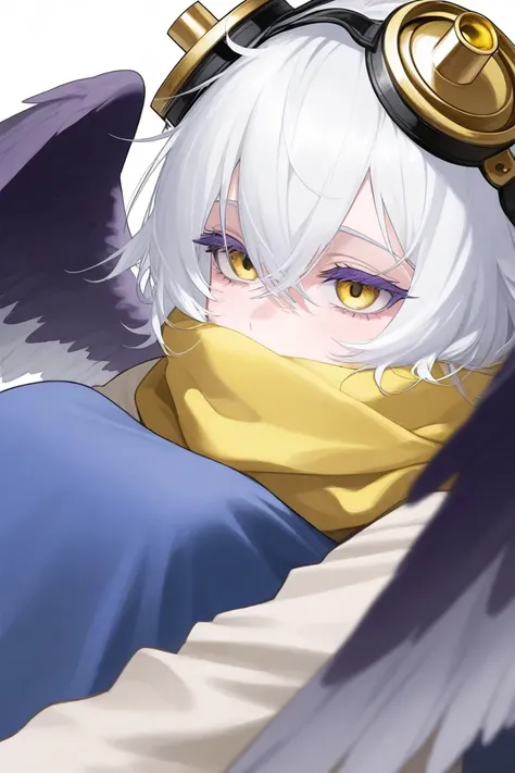 Women, messy short white hair,  blue and yellow eyes , dark purple eyelashes ,  large white wings ,  scarf that covers your mouth ,  brass lenses on your head  