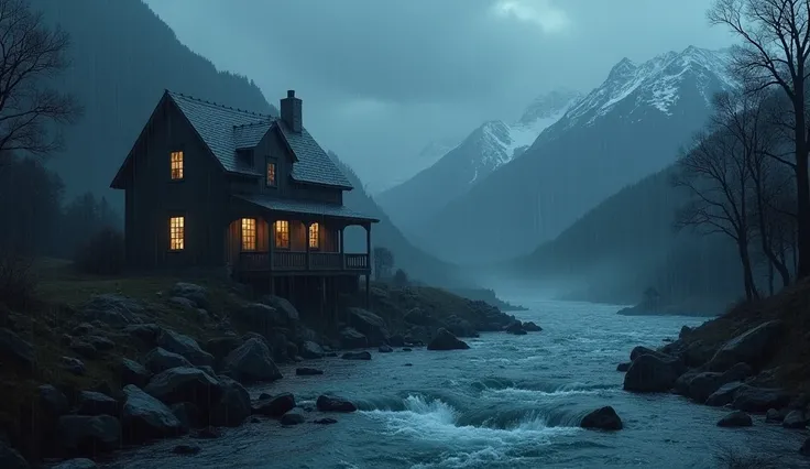 The atmosphere of heavy rain tonight in a house on the edge of a rocky river with clear flowing water with a background of mountains 