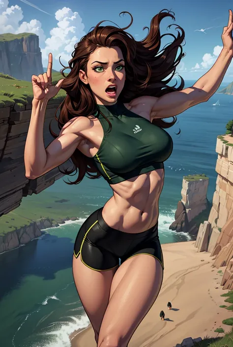 4k, best quality, adult woman, long messy hair, brown hair, dark green eyes, scared face, screaming, surprise expression, athletic body, big breasts, flat abs stomach, narrow waist, thick thighs, five fingers hand, tight green crop top,  bare belly, tight ...