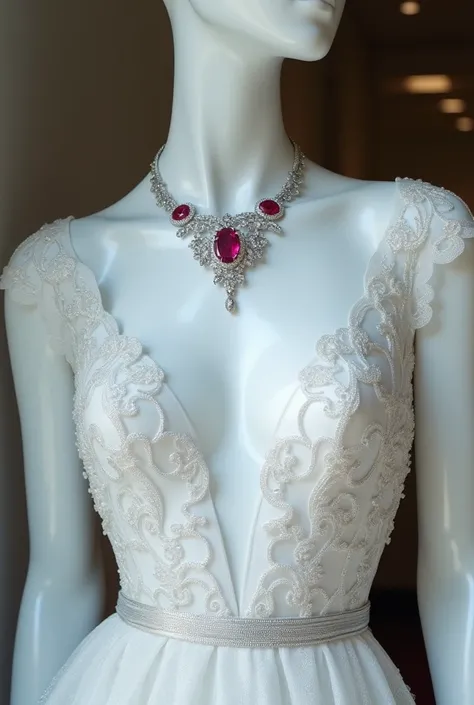 A mannequin wearing a bright, crystalline white dress ,  adorned with a delicate silver filigree that seemed to dance on the fabric . on the neck,  a delicate necklace of sapphires and diamonds framed a small and perfect ruby