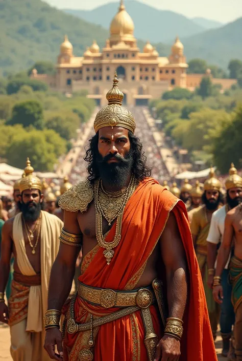 "An ancient and prosperous kingdom with lush green fields, a grand golden palace, and bustling market streets. In the center stands a noble and brave king, Raja Vikram, dressed in royal attire with a golden crown, a sword by his side, and a kind expression...