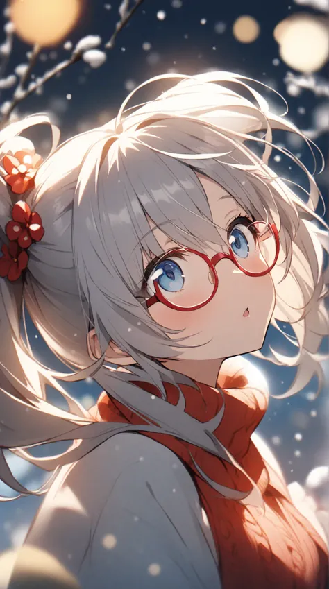 1 girl,  Grey Hair,   blue eyes, side ponytail, red rimmed glasses、winter、looks up at the 