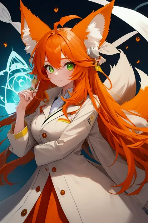 Girl with fox ears and orange fox tail with light green eyes and a white scientists coat 