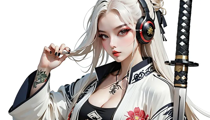 (masterpiece, ultra detailed,best quality,(((SIMPLE BACKGROUND))), (((hip hop girl))), (((1 girl))), (((Flashy makeup))), (((Japanese style headphones))),((samurai sword at back )), (((hiphop jacket ))),(((TATOO))), beautiful girl, long white COLOR Hair, D...