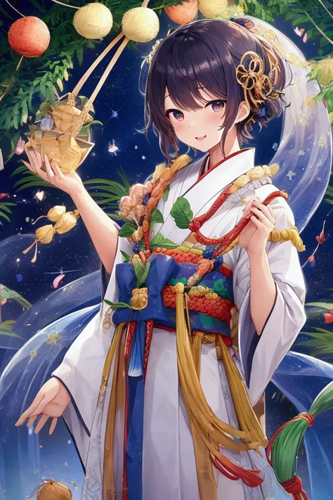 The background is the Milky Way 、Everyone gathers！、A fun celebration for 3、All men、Great looks、Tanabata Decorations 、Bamboo leaves swaying 、Tanzaku（3 men）(3 male idols )、3 male idols 、Japanese clothing、Great looks、 3 people celebrating Tanabata、 Tanabata c...