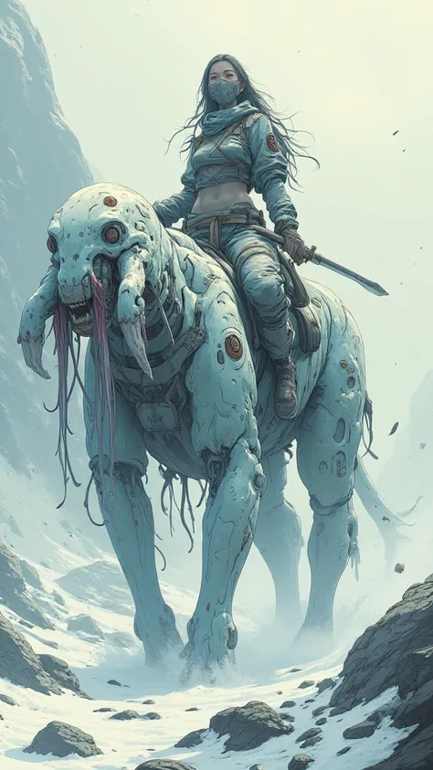 "A bizarre translucent exo creature with tentacles appears in a fantasy Artic with a beautiful female on its back, with long hair with a short cloth mask over her nose, wearing shredded clothes, with a short sword, in the style of Frank Frazetta, cyberpunk...