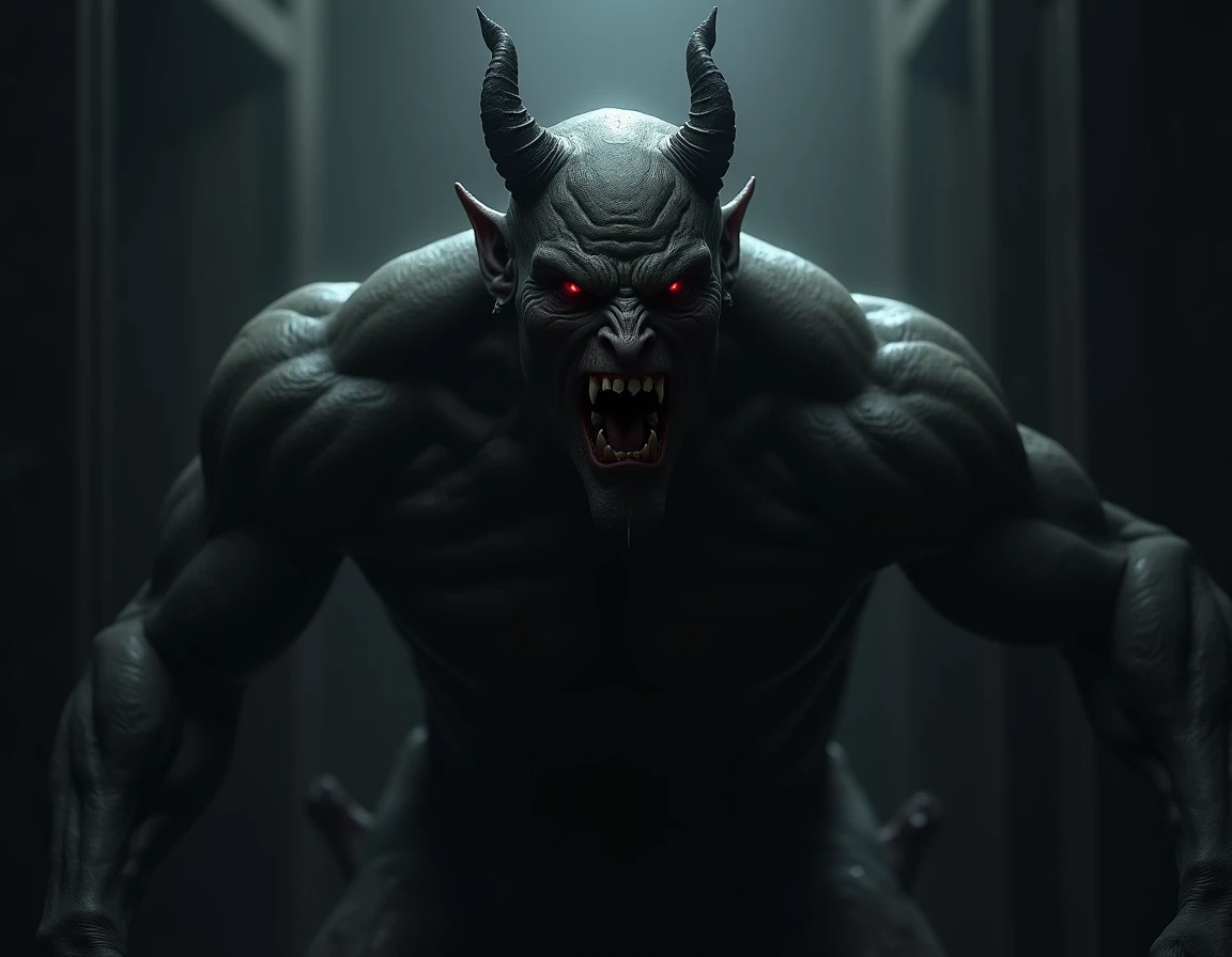 evil angry dark man with short horns shouting inside a dark room looking straight; dark background