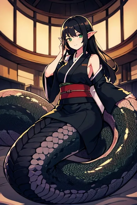 A boy, lamia, detailed black scales, male, long flowing black hair, black japanese clothes, no scales on upper body, full body shot, lower body fully covered in scales, scales covering up to the waist, green eyes, hdrhdr, masterpiece, high quality, 4k, Whi...