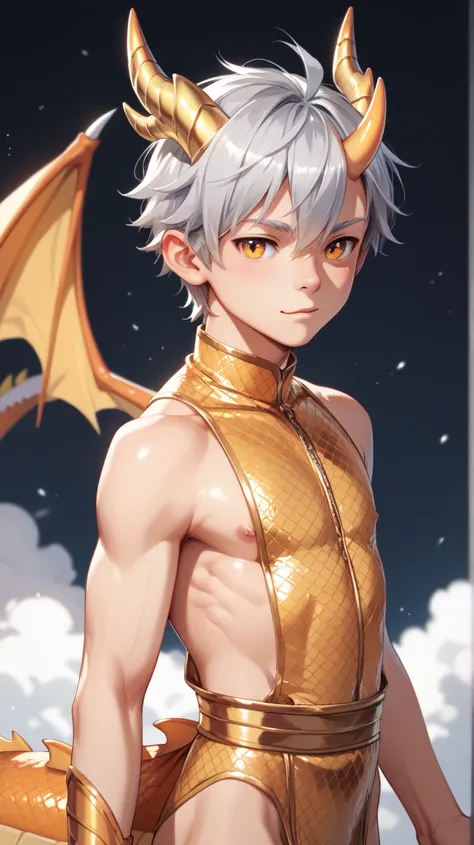 Young adult male, dragon hybrid, white silver hair, silver hair, golden dragonic horns, wearing modern clothes