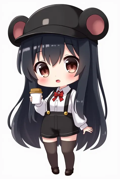  Chibi picture of a girl with long hair ,  She has black hair and a black rat ear hat.. Shes wearing suspenders ,  I have big eyes ,  Shes holding a coffee cup .  Please make it by referring to the attached image .
