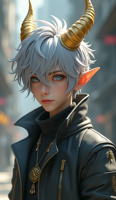 Young adult male, dragon hybrid, white silver hair, silver hair, golden dragonic horns, wearing modern clothes